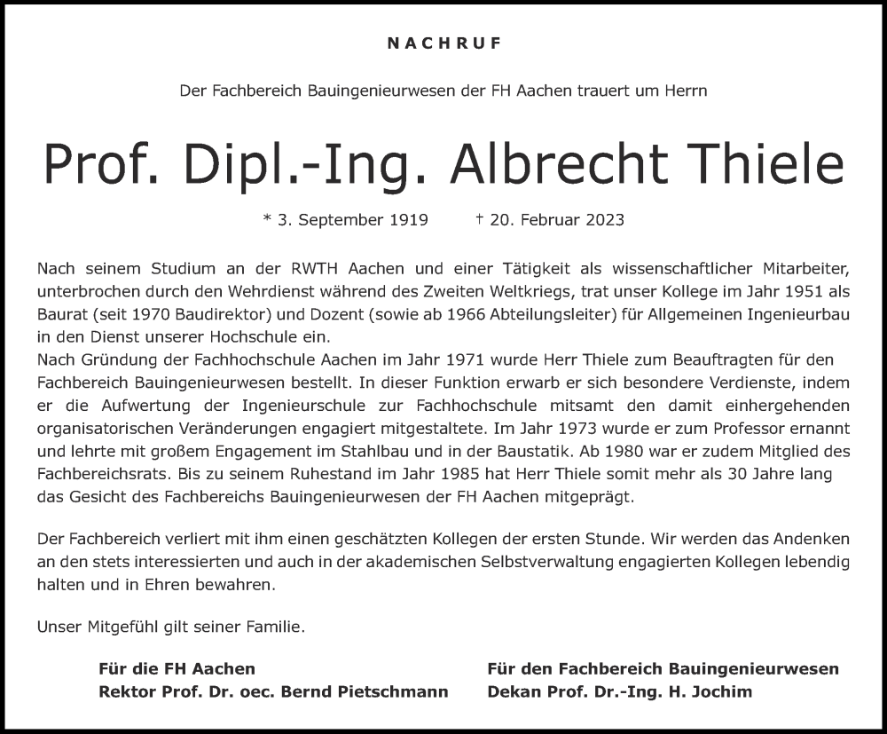  Traueranzeige für Albrecht Thiele vom 11.03.2023 aus Aachener Zeitung / Aachener Nachrichten