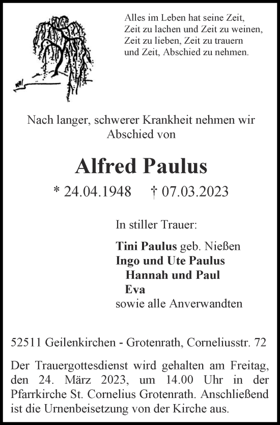 Traueranzeige von Alfred Paulus von Zeitung am Sonntag