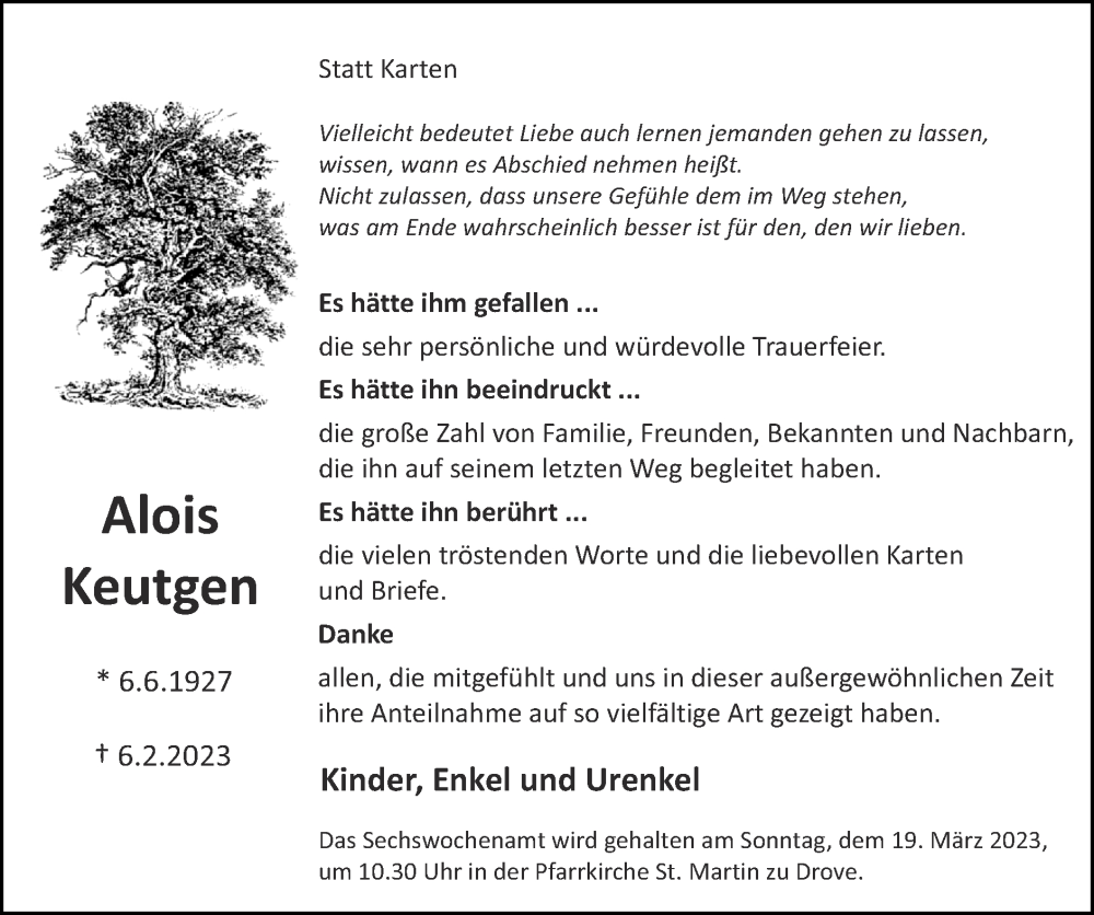  Traueranzeige für Alois Keutgen vom 12.03.2023 aus Zeitung am Sonntag