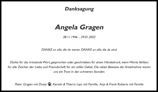 Traueranzeige von Angela Gragen von Zeitung am Sonntag