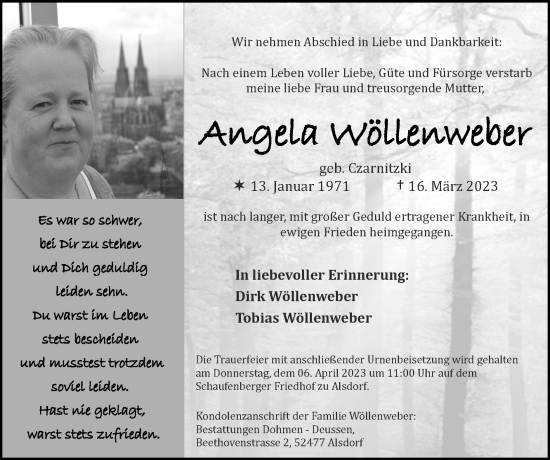 Traueranzeige von Angela Wöllenweber von Zeitung am Sonntag