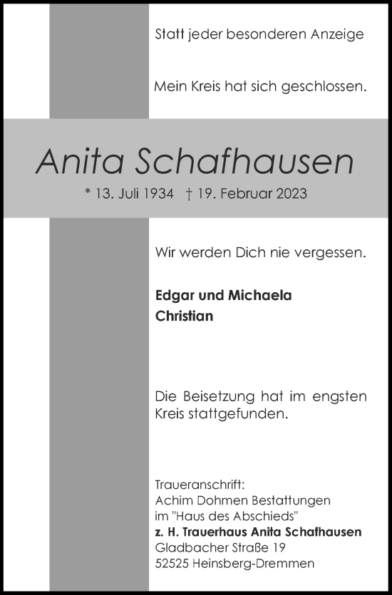 Traueranzeige von Anita Schafhausen von Zeitung am Sonntag