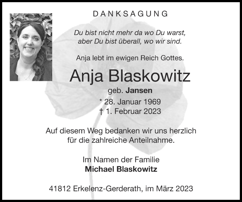  Traueranzeige für Anja Blaskowitz vom 05.03.2023 aus Zeitung am Sonntag