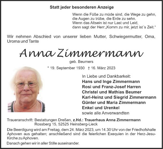 Traueranzeige von Anna Zimmermann von Zeitung am Sonntag