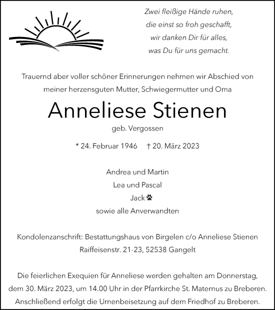 Traueranzeige von Anneliese Stienen von Zeitung am Sonntag