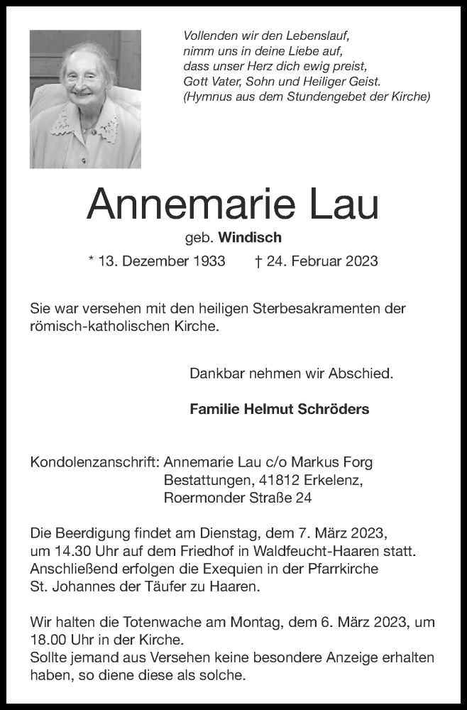  Traueranzeige für Annemarie Lau vom 05.03.2023 aus Zeitung am Sonntag