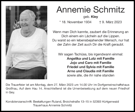 Traueranzeige von Annemie Schmitz von Zeitung am Sonntag