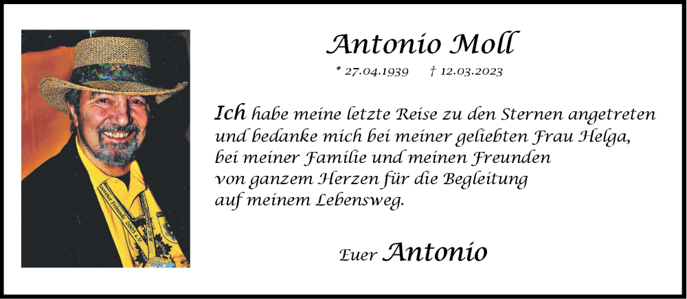  Traueranzeige für Antonio Moll vom 25.03.2023 aus Aachener Zeitung