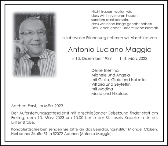 Traueranzeige von Antonio Luciano Maggio von Aachener Zeitung / Aachener Nachrichten