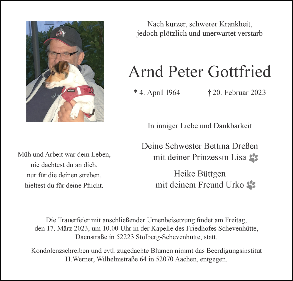  Traueranzeige für Arnd Peter Gottfried vom 05.03.2023 aus Zeitung am Sonntag
