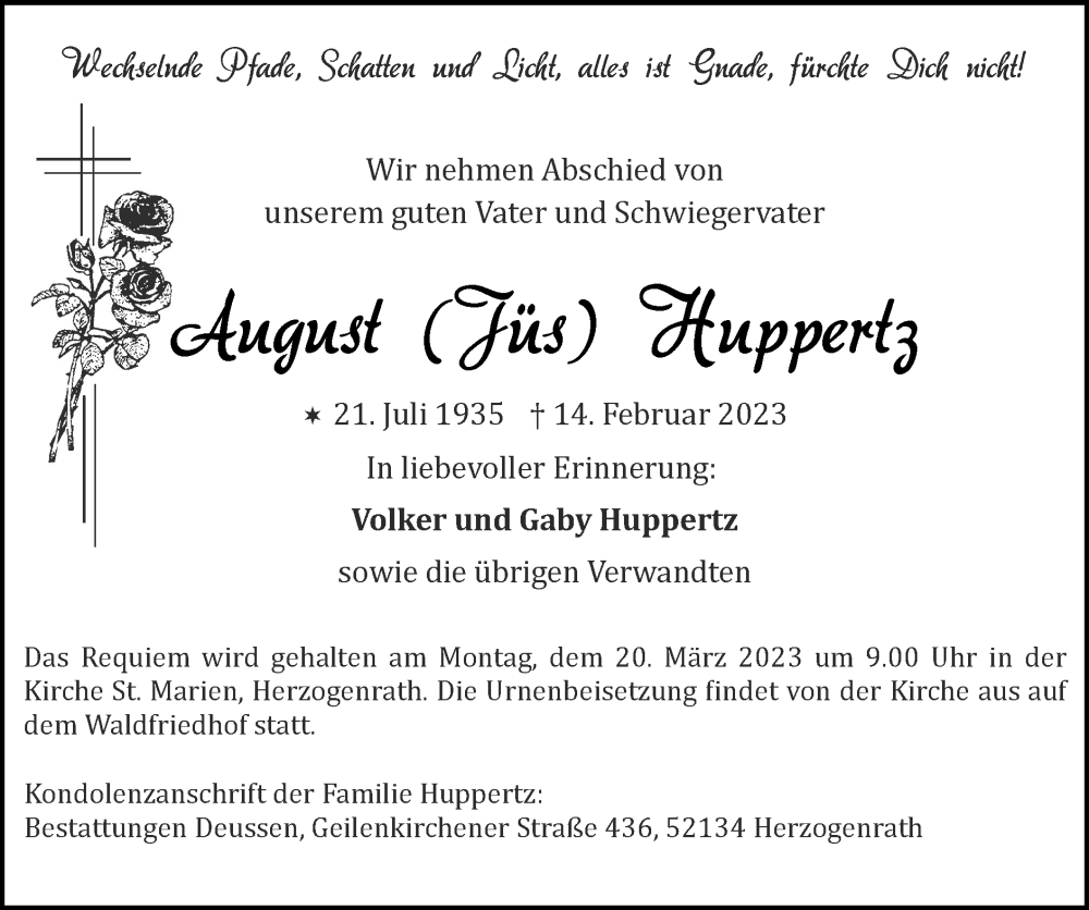  Traueranzeige für August Huppertz vom 12.03.2023 aus Zeitung am Sonntag