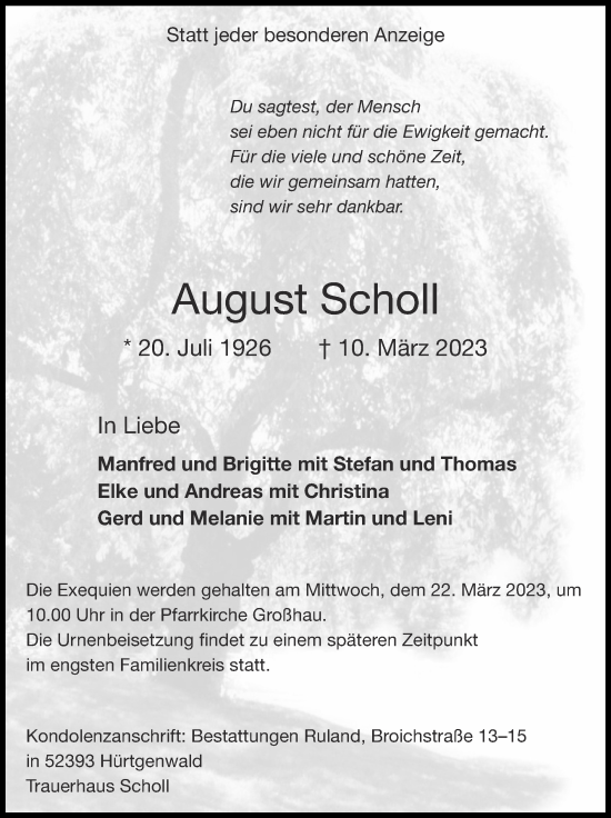 Traueranzeige von August Scholl von Zeitung am Sonntag
