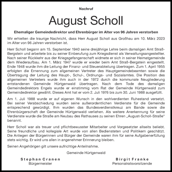 Traueranzeige von August Scholl von Zeitung am Sonntag