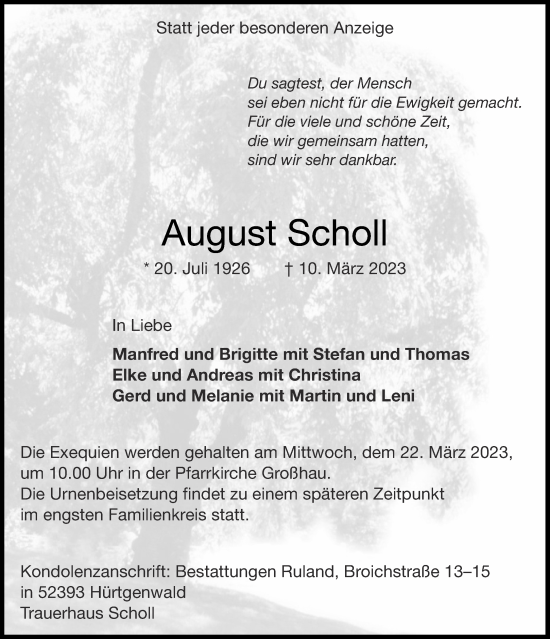 Traueranzeige von August Scholl von Aachener Zeitung / Aachener Nachrichten