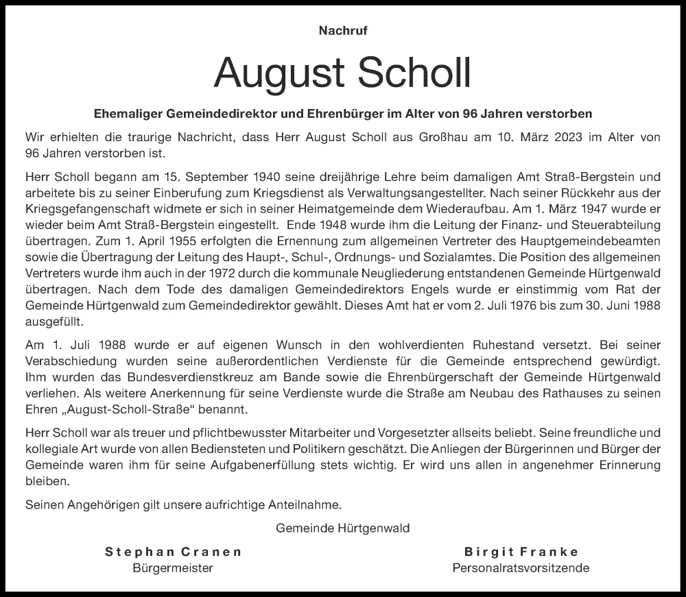  Traueranzeige für August Scholl vom 18.03.2023 aus Aachener Zeitung / Aachener Nachrichten