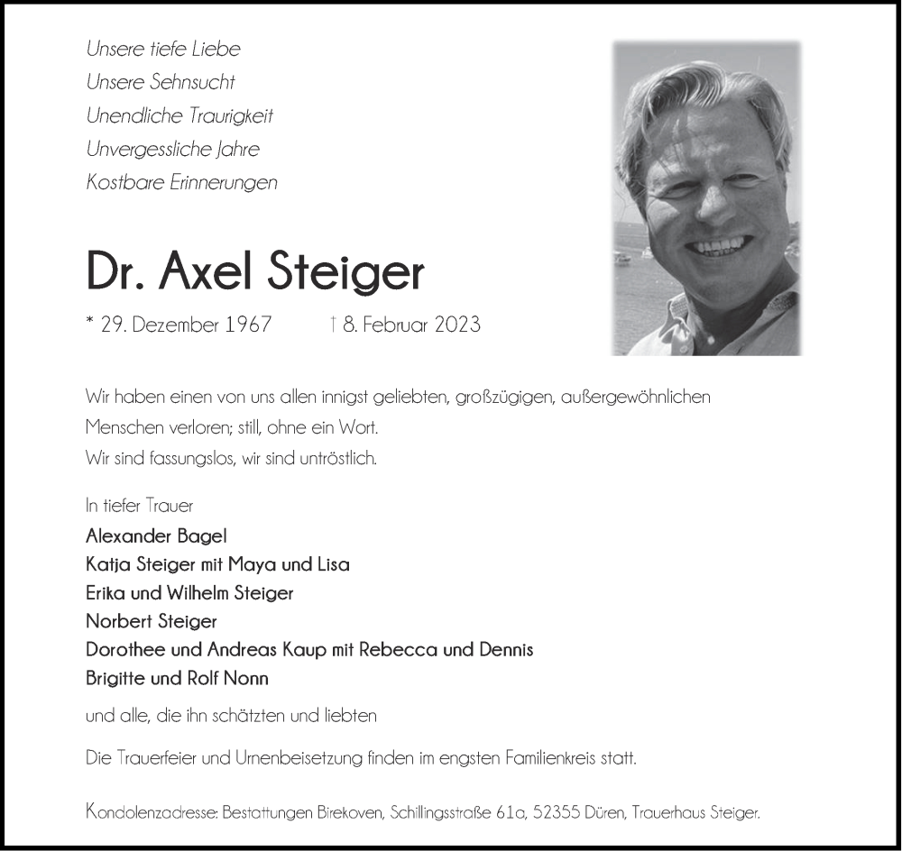  Traueranzeige für Axel Steiger vom 11.03.2023 aus Aachener Zeitung / Aachener Nachrichten
