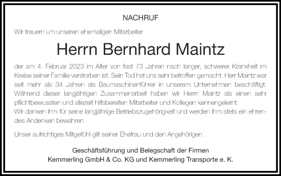 Traueranzeige von Bernhard Maintz von Zeitung am Sonntag