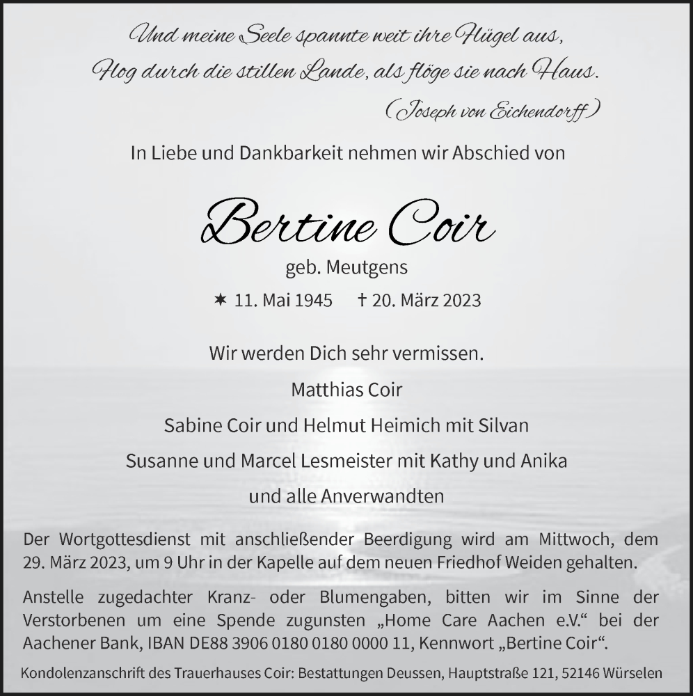  Traueranzeige für Bertine Coir vom 26.03.2023 aus Zeitung am Sonntag