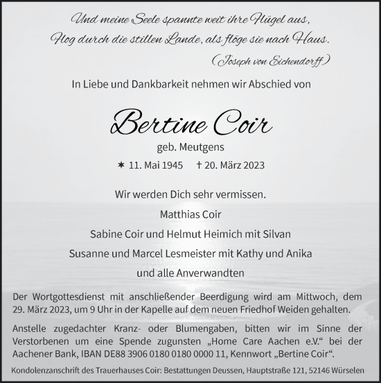 Traueranzeige von Bertine Coir von Zeitung am Sonntag