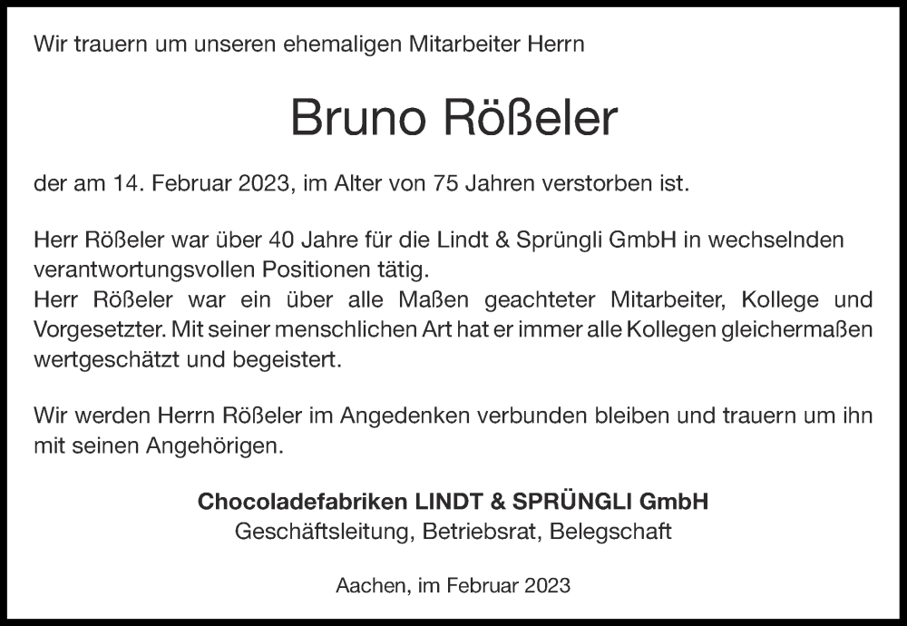  Traueranzeige für Bruno Rößeler vom 04.03.2023 aus Aachener Zeitung / Aachener Nachrichten