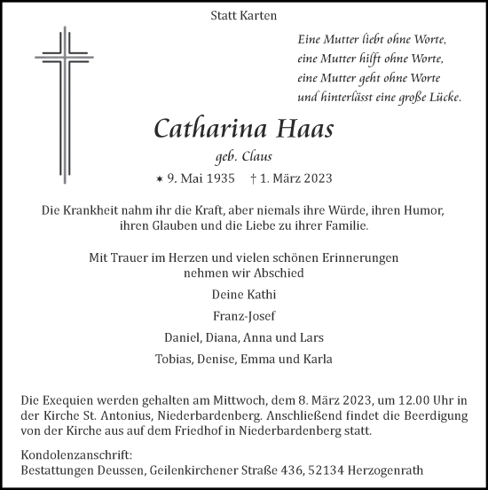 Traueranzeige von Catharina Haas von Zeitung am Sonntag