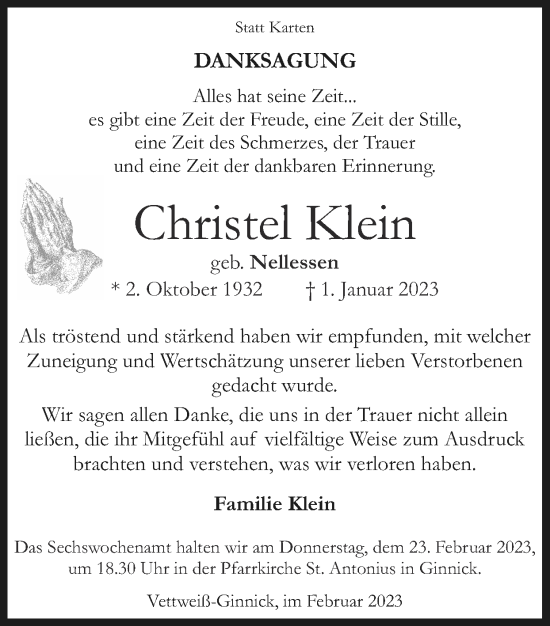 Traueranzeige von Christel Klein von Zeitung am Sonntag