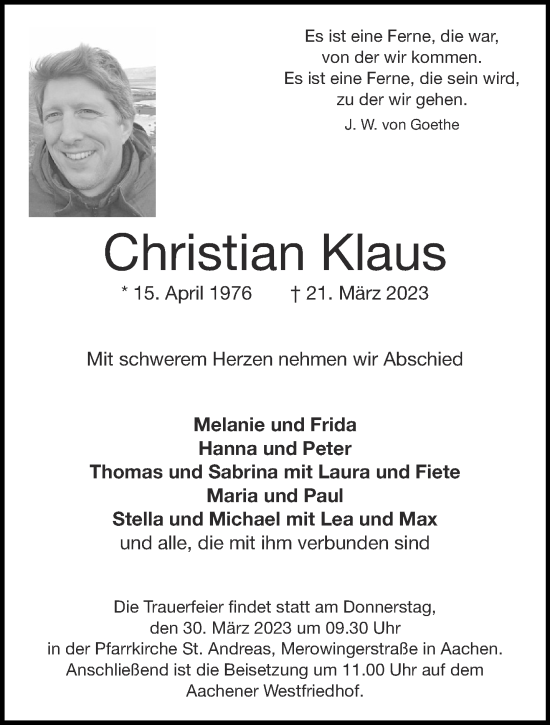 Traueranzeige von Christian Klaus von Aachener Zeitung