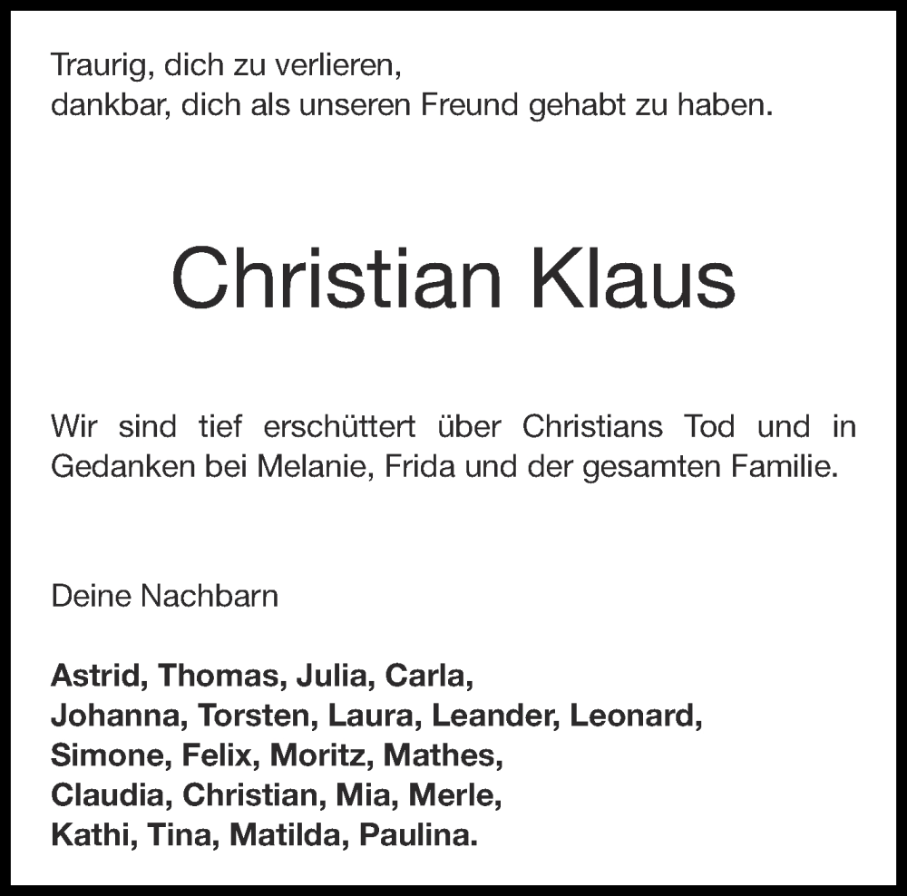  Traueranzeige für Christian Klaus vom 25.03.2023 aus Aachener Zeitung