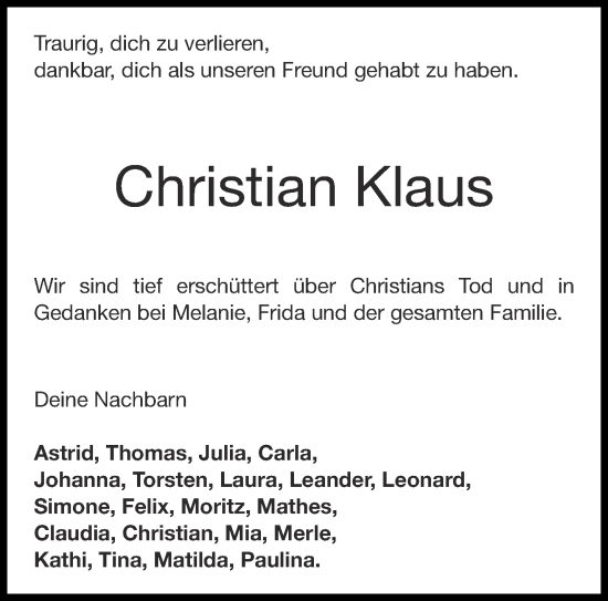 Traueranzeige von Christian Klaus von Aachener Zeitung