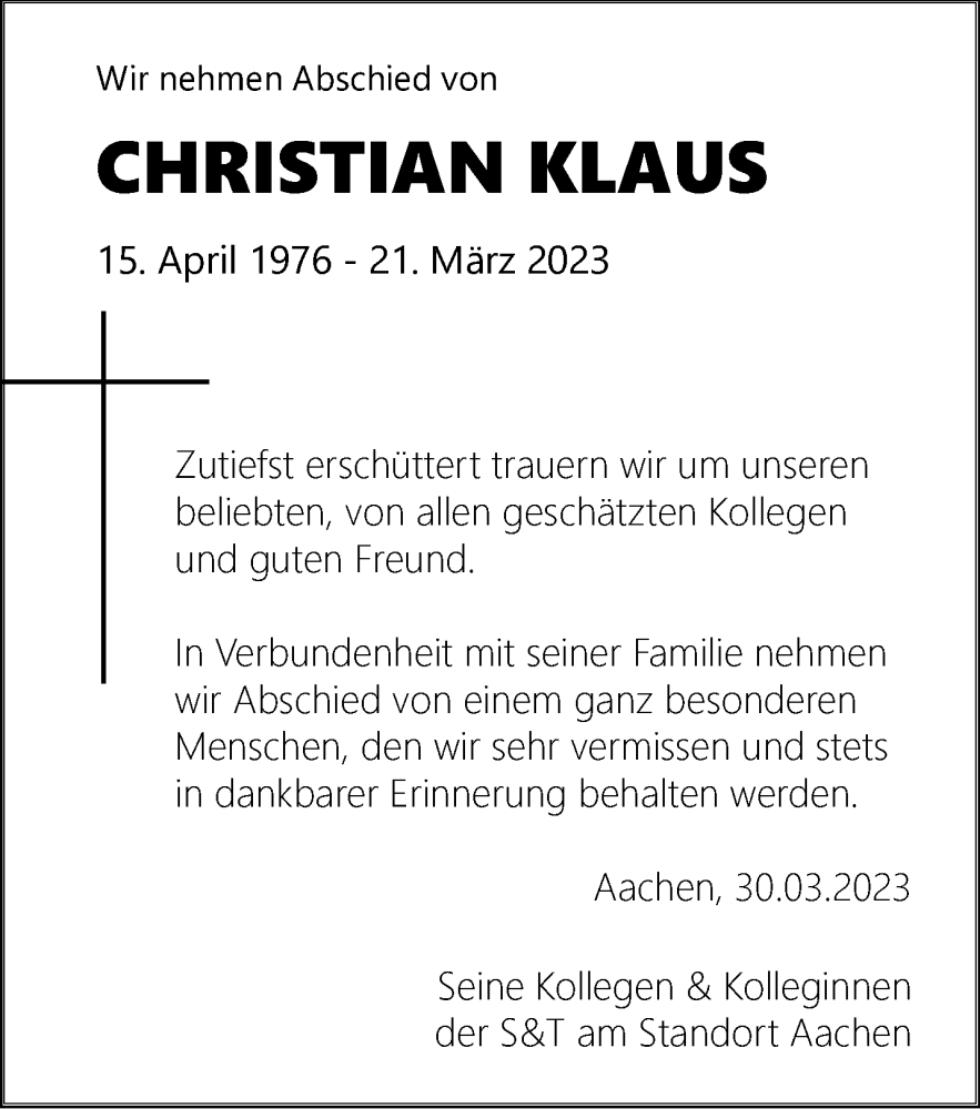  Traueranzeige für Christian Klaus vom 01.04.2023 aus Aachener Zeitung