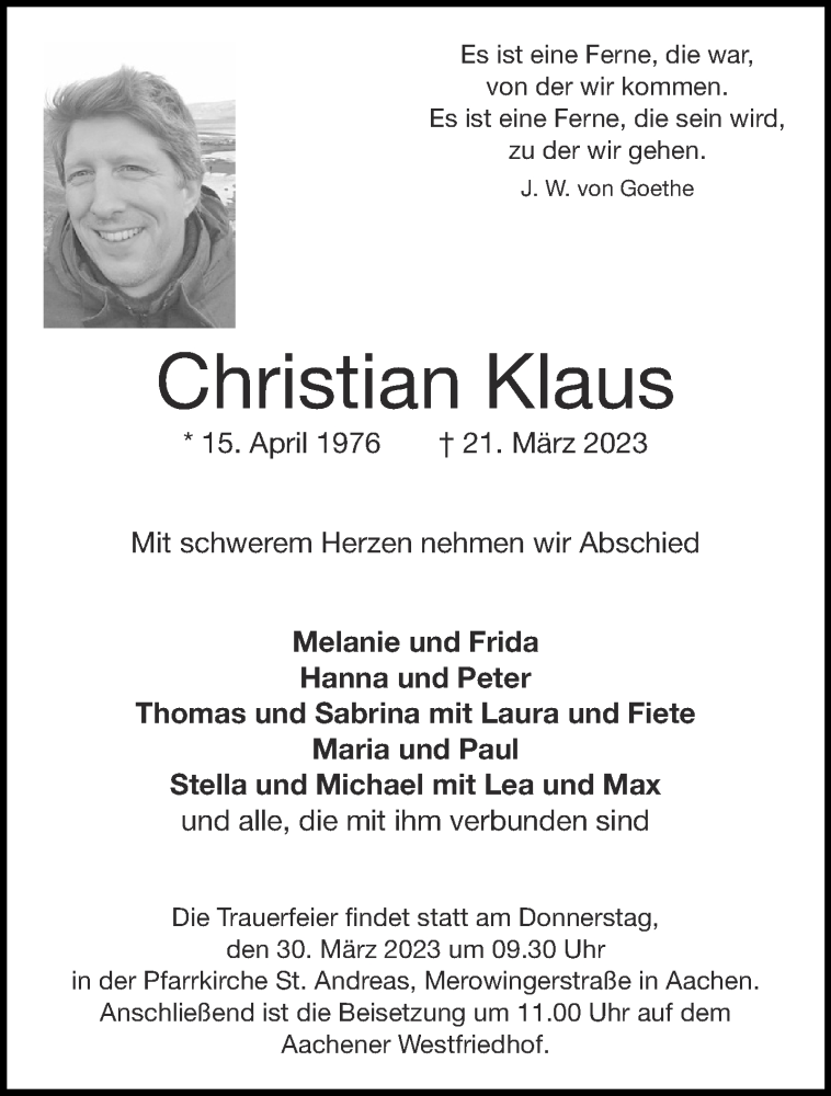  Traueranzeige für Christian Klaus vom 25.03.2023 aus Aachener Zeitung
