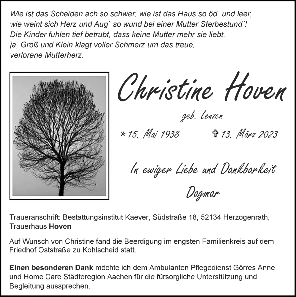  Traueranzeige für Christine Hoven vom 26.03.2023 aus Zeitung am Sonntag