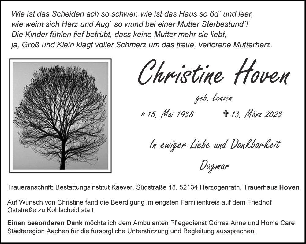  Traueranzeige für Christine Hoven vom 25.03.2023 aus Aachener Zeitung