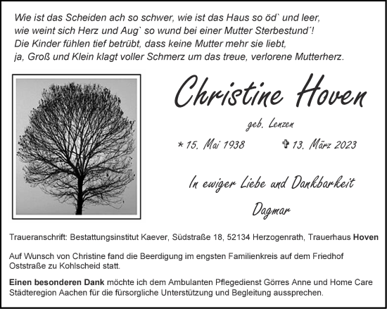 Traueranzeige von Christine Hoven von Aachener Zeitung