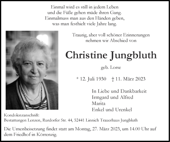Traueranzeige von Christine Jungbluth von Zeitung am Sonntag