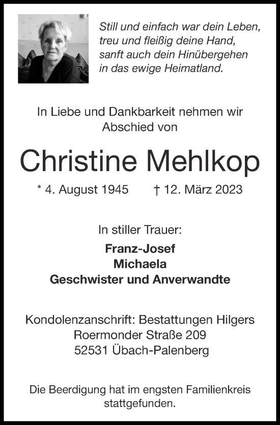 Traueranzeige von Christine Mehlkop von Zeitung am Sonntag