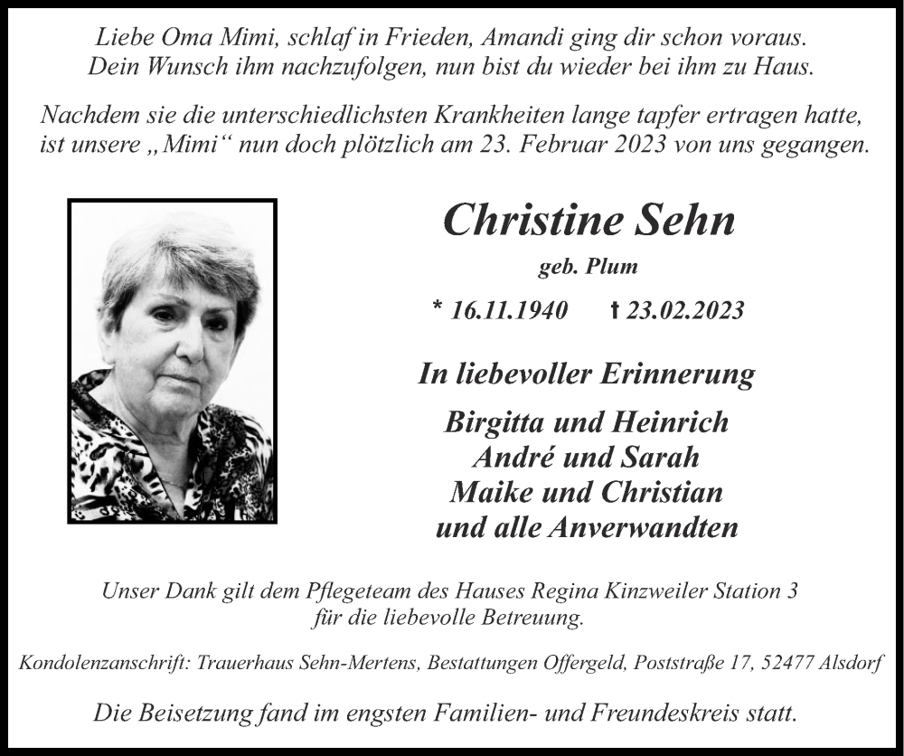  Traueranzeige für Christine Sehn vom 05.03.2023 aus Zeitung am Sonntag