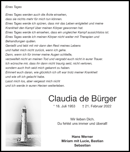 Traueranzeige von Claudia de Bürger von Zeitung am Sonntag