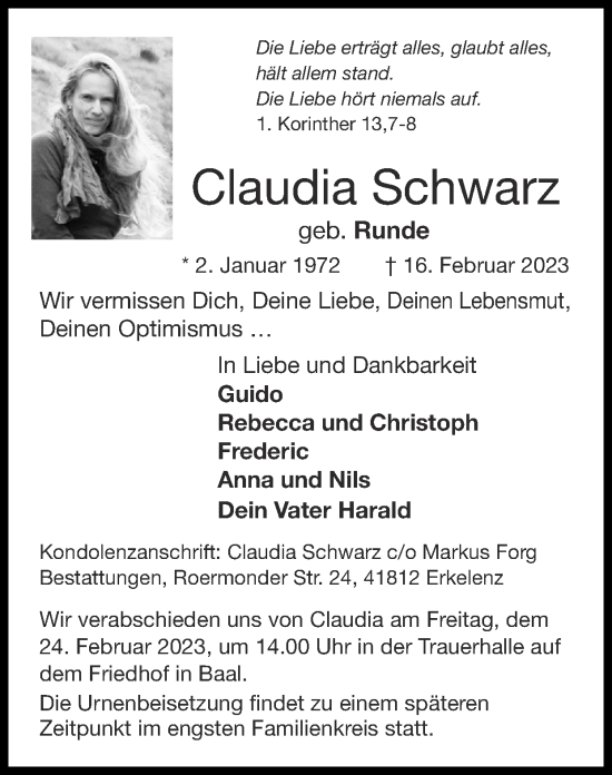 Traueranzeige von Claudia Schwarz von Zeitung am Sonntag