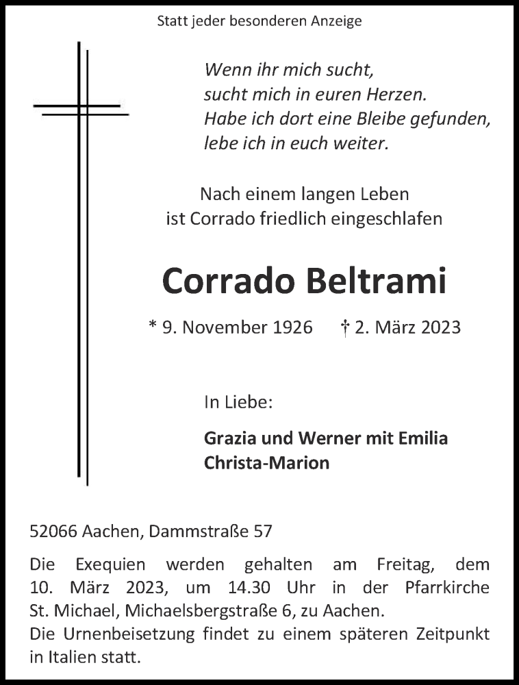  Traueranzeige für Corrado Beltrami vom 08.03.2023 aus Aachener Zeitung / Aachener Nachrichten