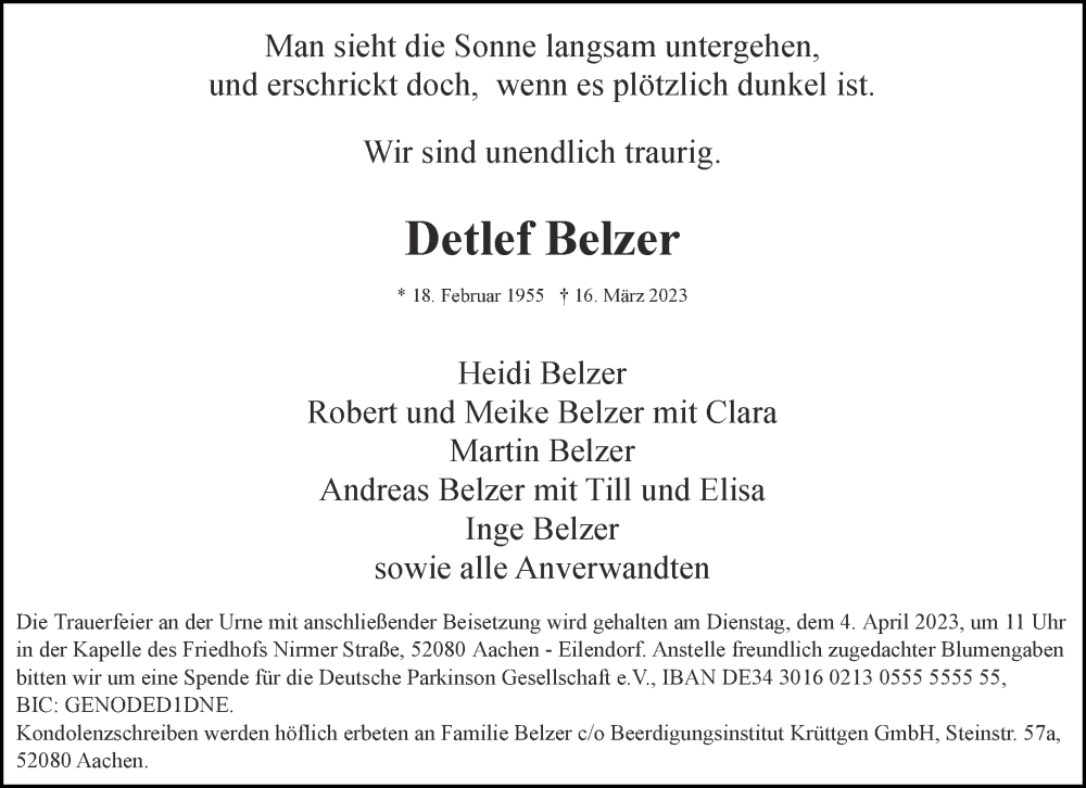  Traueranzeige für Detlef Belzer vom 25.03.2023 aus Aachener Zeitung
