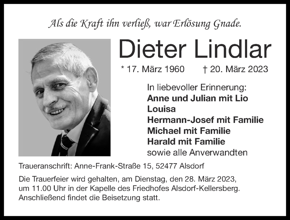 Traueranzeige für Dieter Lindlar vom 26.03.2023 aus Zeitung am Sonntag