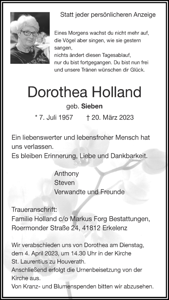 Traueranzeige von Dorothea Holland von Zeitung am Sonntag