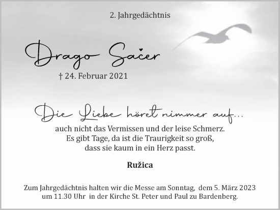 Traueranzeige von Drago Sacer von Zeitung am Sonntag
