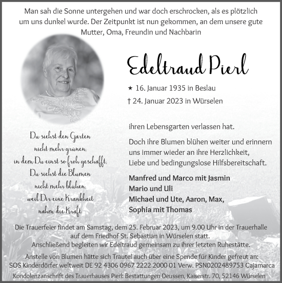 Traueranzeige von Edeltraud Pierl von Zeitung am Sonntag