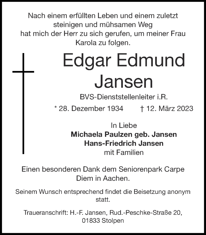  Traueranzeige für Edgar Edmund Jansen vom 19.03.2023 aus Zeitung am Sonntag