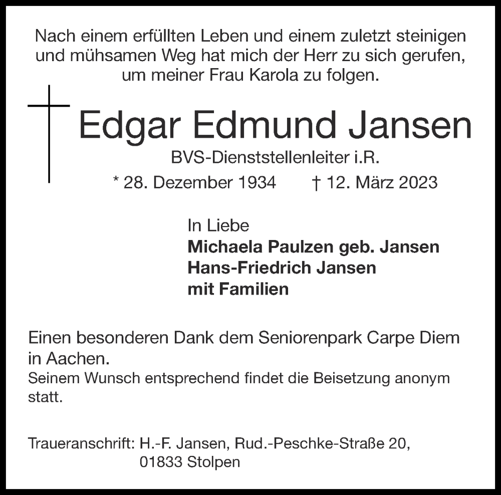  Traueranzeige für Edgar Edmund Jansen vom 18.03.2023 aus Aachener Zeitung / Aachener Nachrichten
