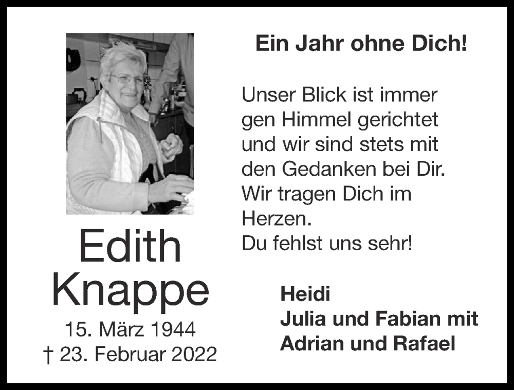 Traueranzeige für Edith Knappe vom 19.02.2023 aus Zeitung am Sonntag