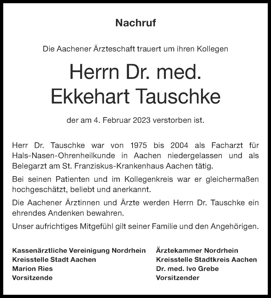  Traueranzeige für Ekkehart Tauschke vom 25.03.2023 aus Aachener Zeitung