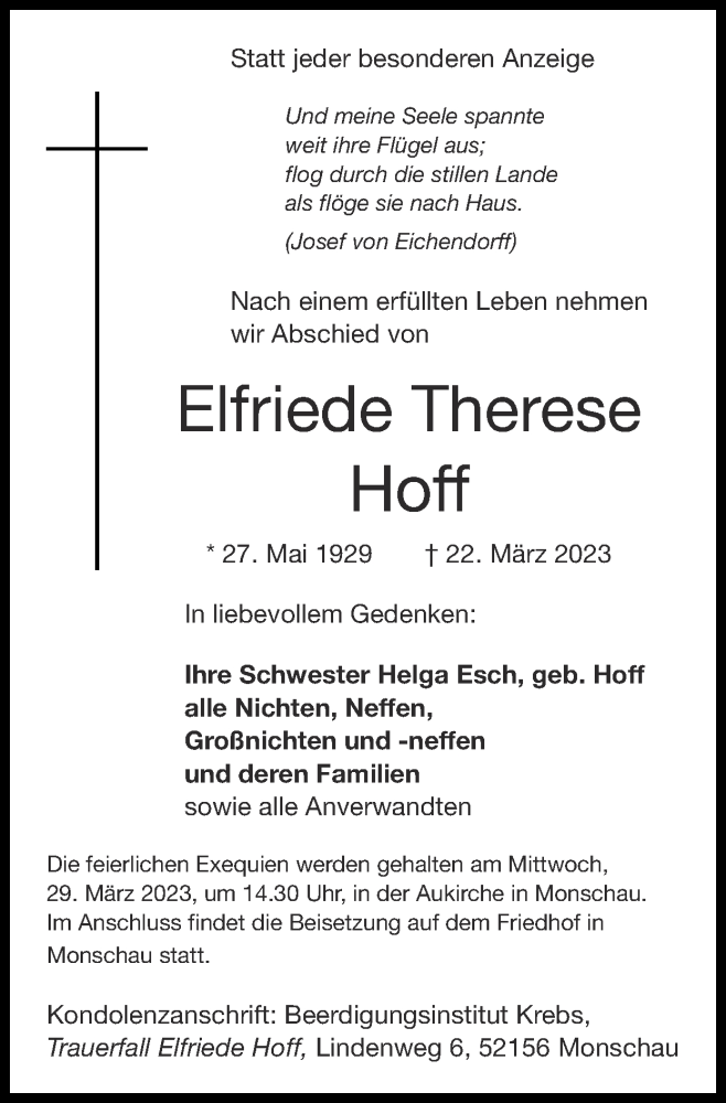  Traueranzeige für Elfriede Therese Hoff vom 26.03.2023 aus Zeitung am Sonntag